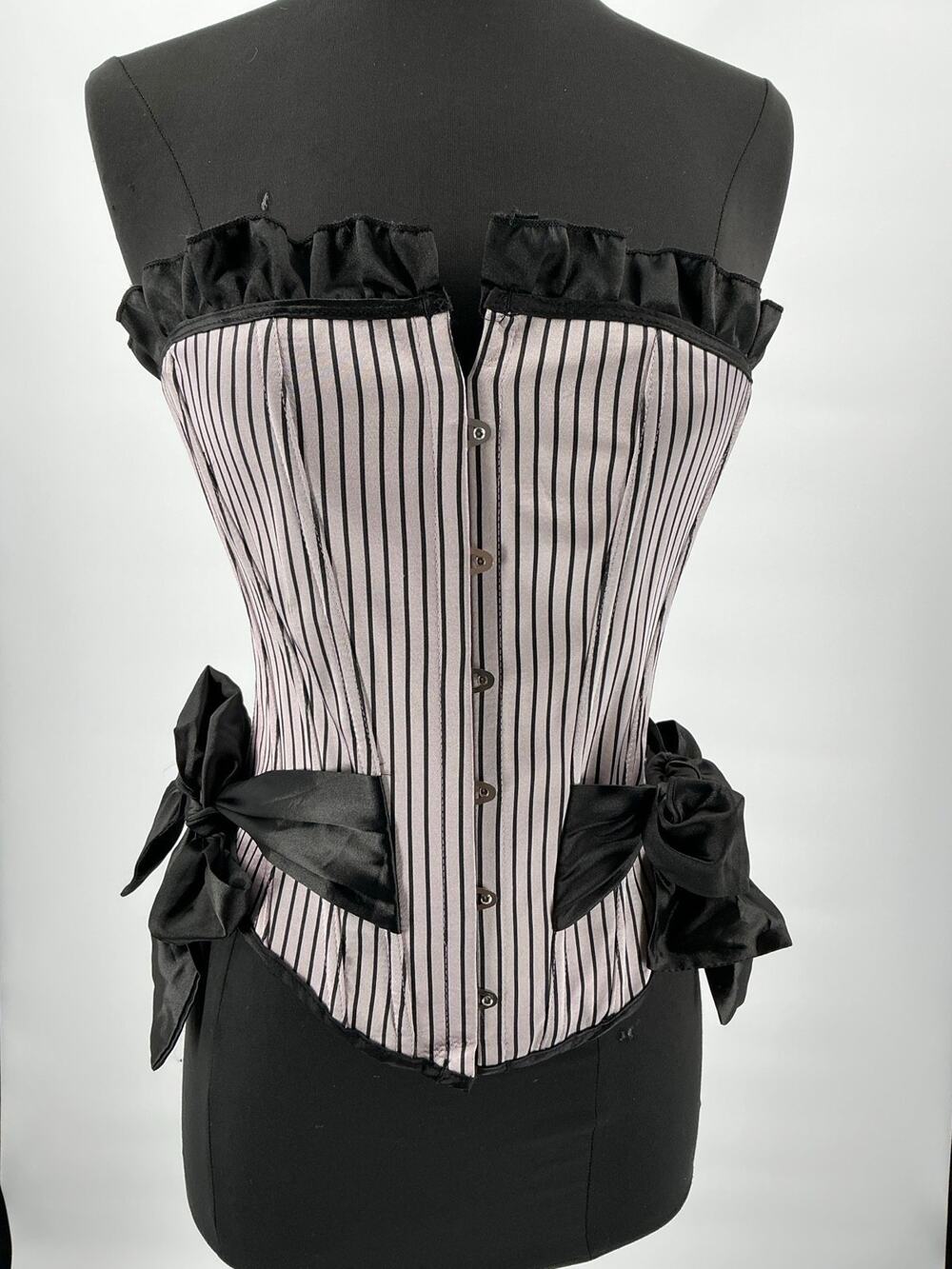 Pink Black Pinstripe Corset Bustier Lace-Up Bows Front Busk Gothic Large